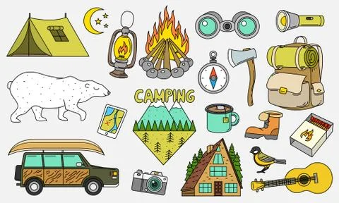 Set of cute camping elements. Equipment in forest. Stickers, doodle pins Stock Illustration