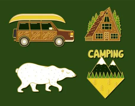 Set of cute camping elements. Equipment in forest. Stickers, doodle pins Illustrazione stock