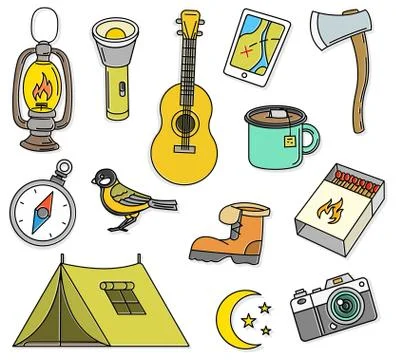 Set of cute camping elements. Equipment in forest. Stickers, doodle pins Illustrazione stock