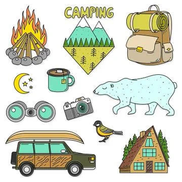 Set of cute camping elements. Equipment in forest. Stickers, doodle pins Stock Illustration