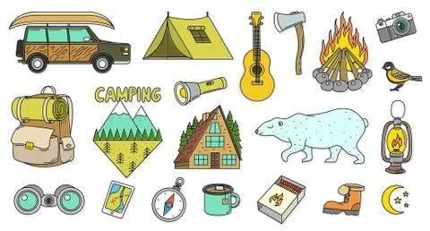 Set of cute camping elements. Equipment in forest. Stickers, doodle pins Illustrazione stock