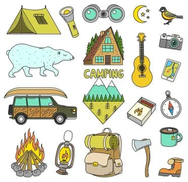 Set of cute camping elements. Equipment in forest. Stickers, doodle pins Illustrazione stock