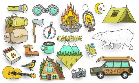 Set of cute camping elements. Stickers, doodle pins, patches. Equipment in Illustrazione stock