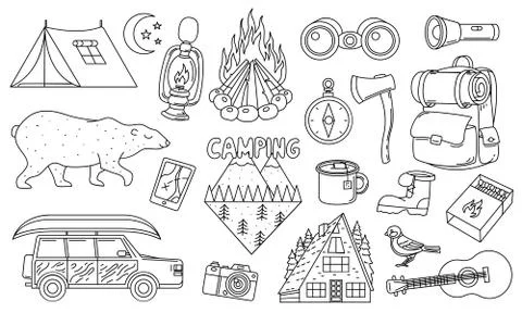 Set of cute camping elements. Stickers, doodle pins, patches. Equipment in Stock Illustration