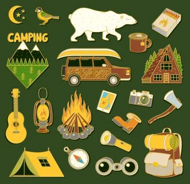 Set of cute camping elements. Stickers, doodle pins, patches. Equipment in Illustrazione stock
