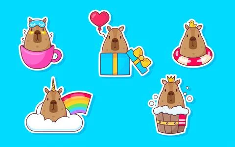 Set of cute capybara stickers. Vector cartoon illustration Stock Illustration