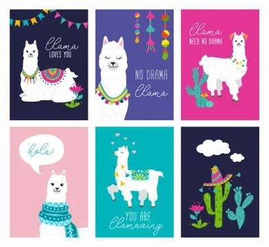 Set of cute card with alpacas Illustration