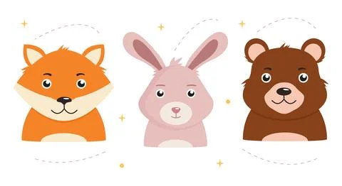 Set of cute cartoon animals. Bear, fox and hare Stock Illustration