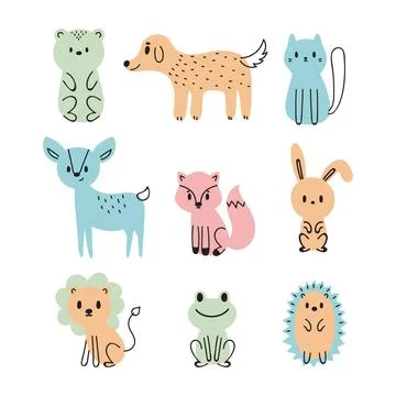 Set of cute cartoon animals. Bear, dog, cat, deer, fox, bunny, lion, frog, .. Stock Illustration