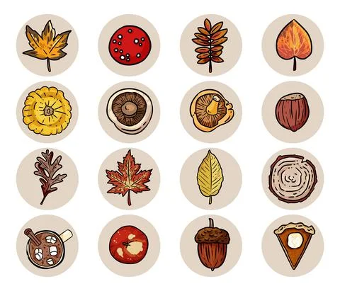 Set of cute cartoon autumn elements. Isolated logo graphic symbols. Mushrooms Illustrazione stock