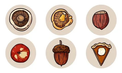 Set of cute cartoon autumn elements. Isolated logo graphic symbols. Mushrooms Stock Illustration