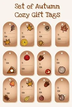 Set of cute cartoon autumn elements gift tags. Cute fall symbols labels colle 스톡 일러스트