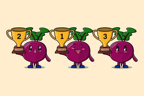 Set of cute cartoon Beetroot holding trophy Stock Illustration