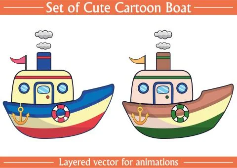 Set of Cute Cartoon Boat Vector on Isolated White Background Stock Illustration
