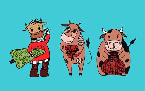 Set of cute cartoon bulls with present for new year. Symbol of 2021 year.Vector Stock Illustration