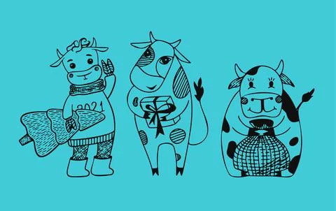 Set of cute cartoon bulls with present for new year. Symbol of 2021 year.Vector Stock Illustration