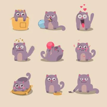 Set of Cute Cartoon Cat in Various Poses Stock Illustration