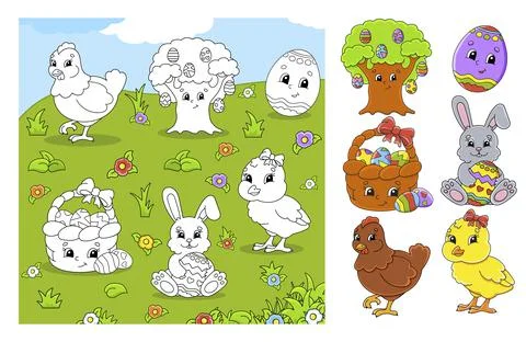 Set of cute cartoon characters. Easter clipart. Hand drawn. Colorful pack. Ve Stock Illustration