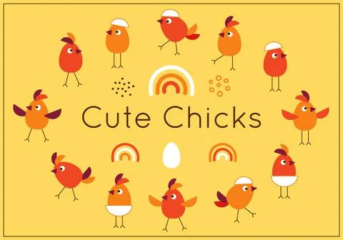 Set of cute cartoon chicks with rainbow, egg, dots Stock Illustration