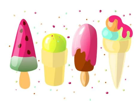 Set of cute cartoon colored Ice cream collection. Ice cream set with watermelon Stock Illustration
