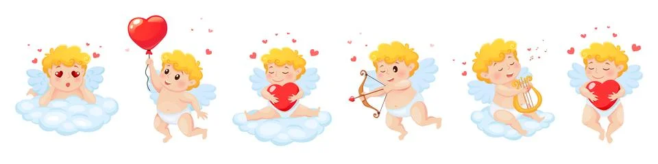 Set of cute cartoon Cupids in different poses. Illustration for Valentine's Day Stock Illustration