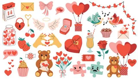 Set of cute cartoon elements for happy Valentines Day with hearts, angel wi.. Stock Illustration