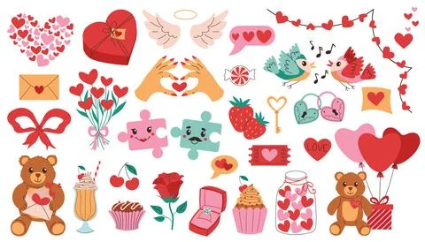 Set of cute cartoon elements for happy Valentines Day with hearts, angel wi.. Stock Illustration