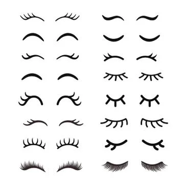 Set of cute cartoon eyelashes. Open and closed hand drawing eyes. Isolated on Stock Illustration