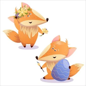A set of cute cartoon foxes. Fox, Easter, vector, character, spring, update.. Stock Illustration
