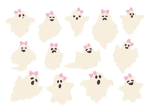 Set of cute cartoon ghosts with pink bows showing different facial expressi.. Stock Illustration