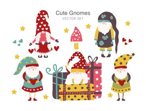 Set of Cute Cartoon Gnomes. Vector. Stock Illustration