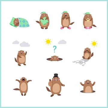 Set of cute cartoon Groundhog in various poses. Vector illustration Stock Illustration