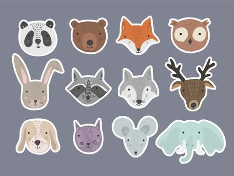 Set of cute cartoon hand drawn animals stickers Stock Illustration