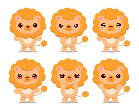 Set cute cartoon lion with different emotions Stock Illustration