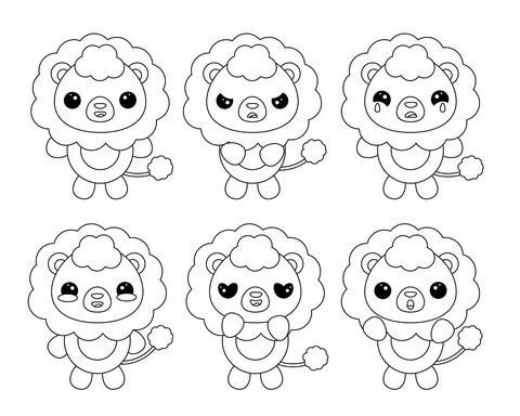 Set cute cartoon lion with different emotions in black and white Illustrazione stock