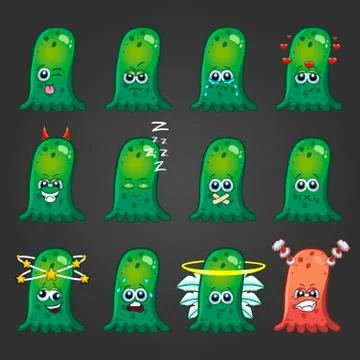 Set of cute cartoon monsters with different emotions Stock Illustration