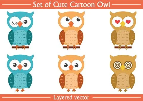 Set of Cute Cartoon Owl Vector Stock Illustration
