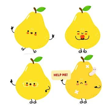 A set of cute, cartoon pears with distinct personalities, ranging from happy  Stock Illustration