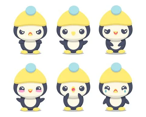 Set cute cartoon penguin with different emotions Stock Illustration
