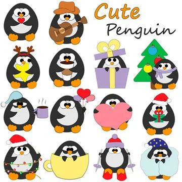 Set cute cartoon penguin. Draw illustration in color Stock Illustration