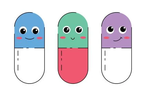 Set of cute cartoon pill capsule characters with kawaii faces Stock Illustration