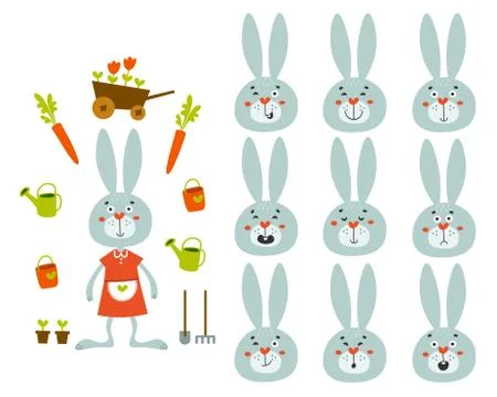 Set of cute cartoon rabbit with various emotions. 스톡 일러스트
