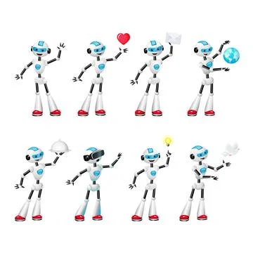 Set of cute cartoon robot in various poses. Vector illustration isolated on.. Stock Illustration