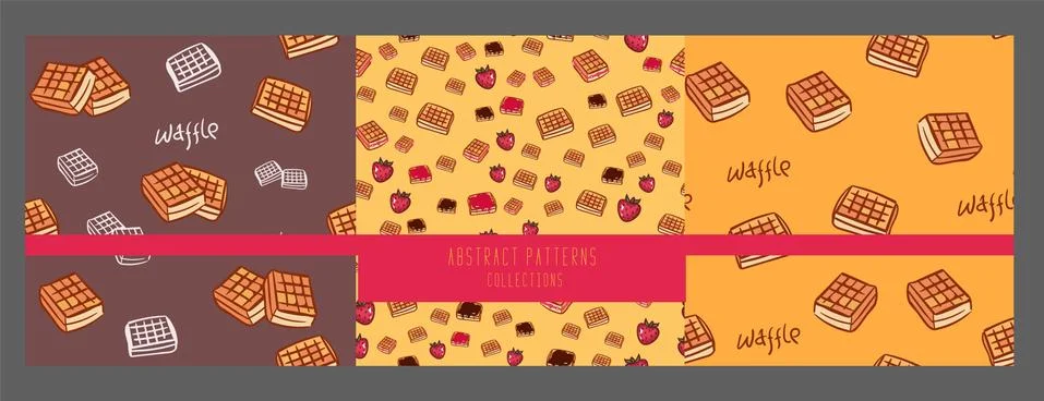 Set of cute cartoon seamless pattern with waffle with chocolate and strawberries Stock Illustration