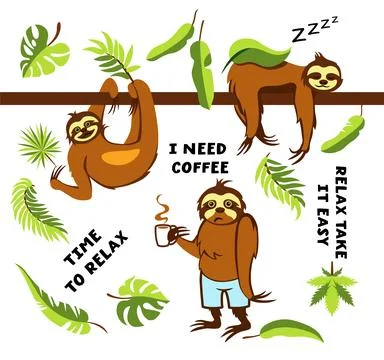 Set of Cute cartoon sloth vector graphic design. Adorable hand drawn baby sloth Stock Illustration