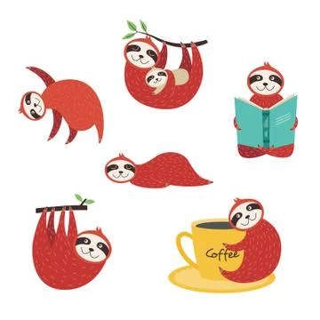 Set of cute cartoon sloths in different positions Stock Illustration