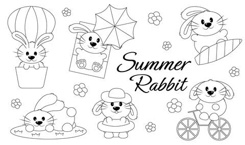 Set Cute Cartoon Summer Rabbit in black and white Illustrazione stock