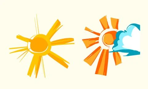 Set of cute cartoon sun with cloud. Vector graphic illustration Stock Illustration