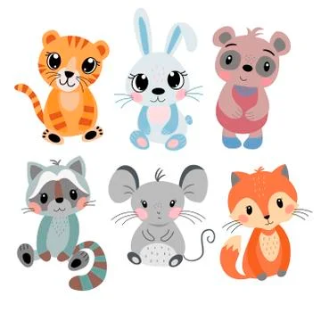 Set of cute cartoon tiger, rabbit, mouse, panda Stock Illustration