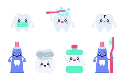 Set of cute cartoon tooth and dental product characters with mask, cracked .. Stock Illustration